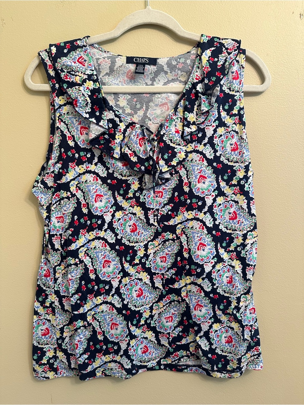 Chaps Women's Navy Floral Ruffle Sleeveless Top 1085 - Picture 2 of 5